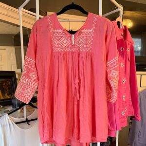 Coral Pink Embroidered Cotton Tunic Top